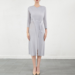 Ladies' New split long sleeve belt pleated Midi dress