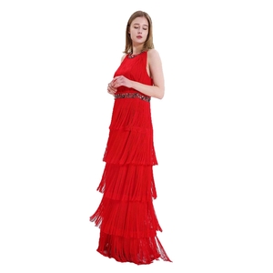2020 New Arrivals Sexy Elegance High Quality Red Tassels Crystals Long Party Dress for Woman