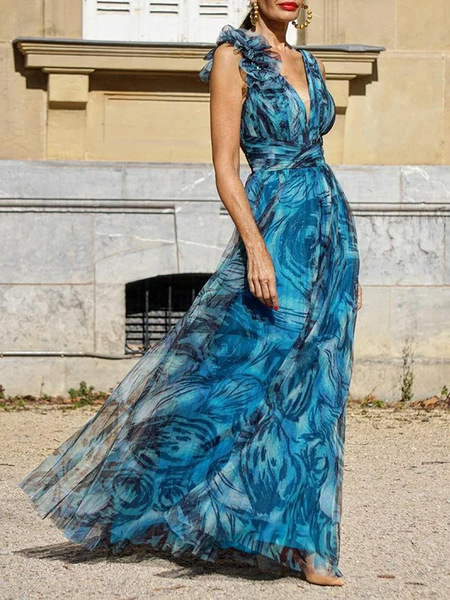 V-neck Printed Large Hemline Holiday Maxi Dress
