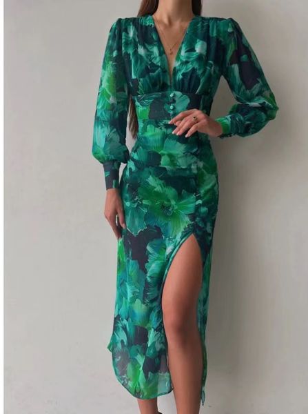 V-neck printed lantern sleeve side split dress
