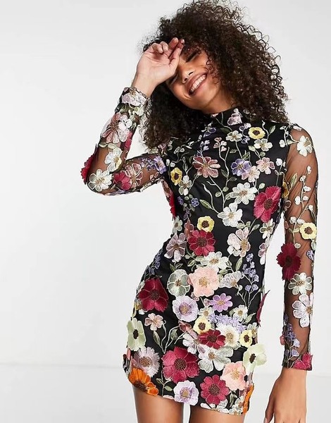 Fashion Flower Embroidery Mini Dress Women Elegant