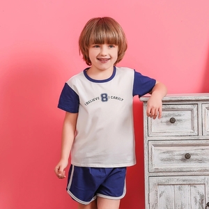 Wholesale Summer Children Clothes Pure Cotton Short Sleeve Letter Printed T-Shirt and Navy Blue Suit