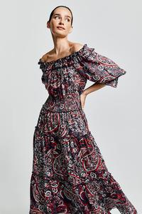Paisley Print Off-the-shoulder Linen Dress.