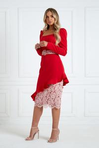 ASYMMETRIC LACE FRILL DRESS - RED PINK