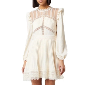 High Quality New Trendy White Lace Joint Long Sleeve Pleated Skirt Dress for Ladies
