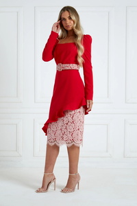 Ladies' high quality woven and eyelash lace daily wear midi length dress