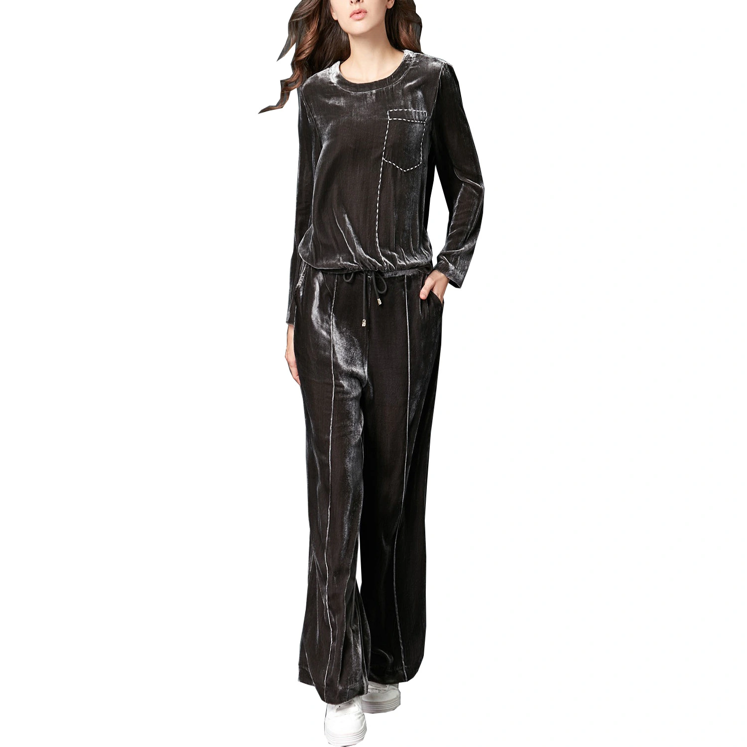 Comfortable Velvet Relax Leisure Casual Two Piece Set with Wide Leg for Women