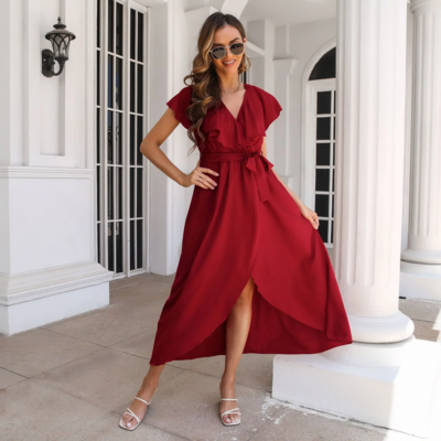 New summer Europe elegant ruffled V-neck sleeveless slit long dress
