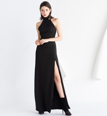 Women's new black halter split backless off-shoulder dress
