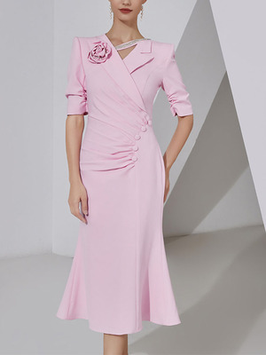 Women's V-neck Pink pleated Mid-sleeve flower fishtail dress