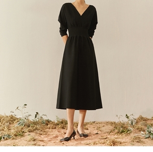 Ladies' V-neck Mid-sleeve Waisted Slim Fit Midi Dress