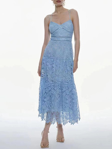 Sleeveless Lace Embroidery Hollow Out Strappy Dress