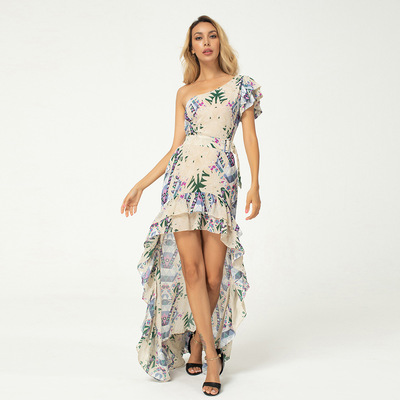 Ladies' Off-shoulder printing bias ruffles big hemline dress