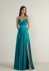 New women's satin V-neck sleeveless slit floor-length dress