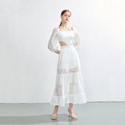 Square collar lace-up quarter sleeve lace dress