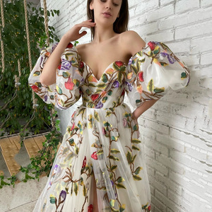 Ladies' embroidered mesh puff sleeves slit floor dress
