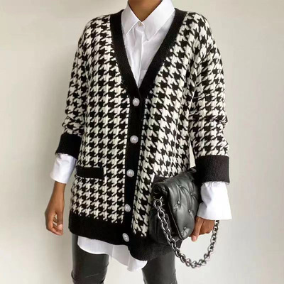 Black V Neck Women Button Houndstooth Cardigan Top