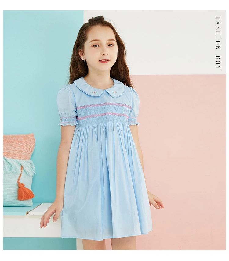 100% Cotton High Quality Wholesale Fashion Boutique Smocked Cute Peter Pan Collar Short Sleeve Flowe