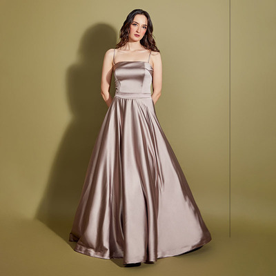 Purple Satin Solid Scoop Neck Flared Gown For Women