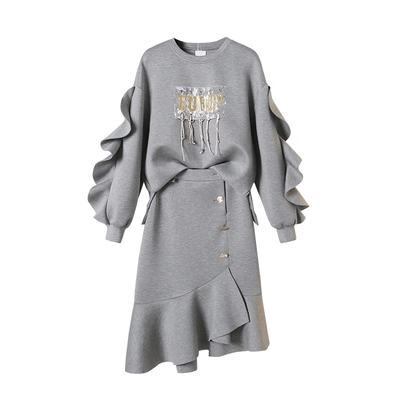 New Popular High Quality Ruffled Long Sleeve Sweater Skirt Two Piece Set