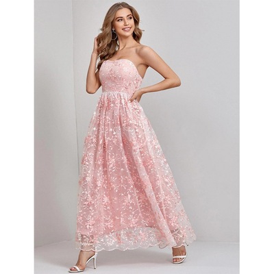 Fashion Sleeveless Pink Lace Embroidery Dress