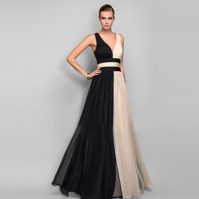 Ladies' V-neck color contrast backless Full length dress