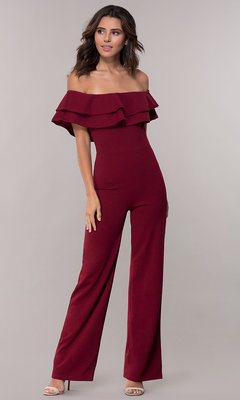 One-line shoulder solid color backless ruffled jumpsuits