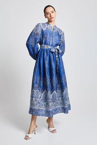 Lady Button Full Length Silk Dress-Blue
