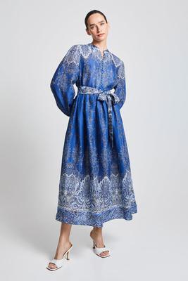 Lady Button Full Length Silk Dress-Blue