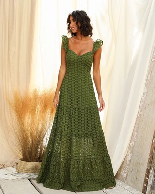 Ladies' Ruffle Sleeve V-neck Sleeveless Slim-fit Maxi Dress