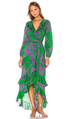 V-neck Lantern Sleeves Ruffles Printed Maxi Dress