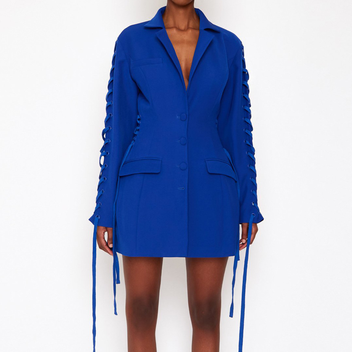 Ladies' Blue V Neck Long Sleeve lace-up Blazer Mini dress