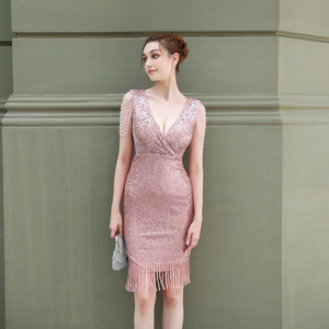 Short-Sleeved V Neck Sequined Fishtail Skirt