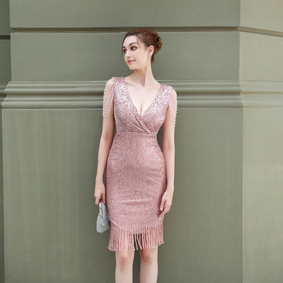 Short-Sleeved V Neck Sequined Fishtail Skirt