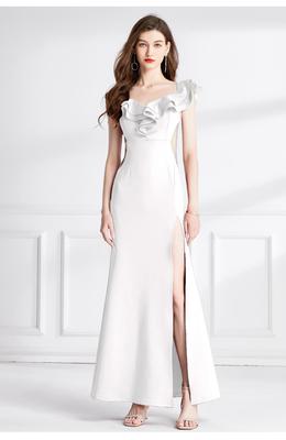 Ladies' White Ruffles Backless Side Split Dress