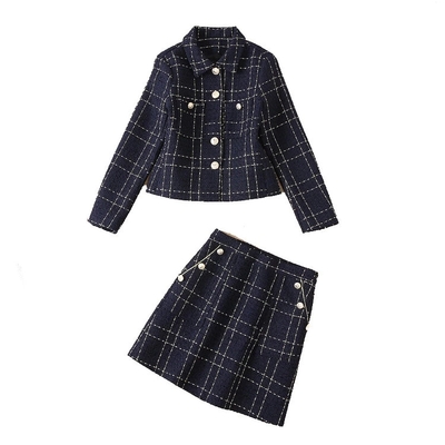 2021 New Plaid Tweed Lapel Long Sleeve Women out Wear Coat Skirt Set