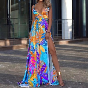 Fashion Summer Cool Leaf Pattern Halter Slit Dress