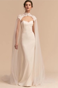 Women Elegant Tulle Long High Neck Lace Cape  Dress