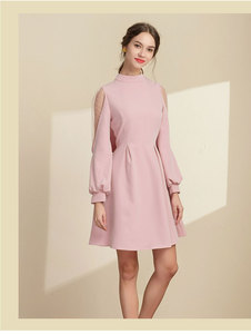 Fashionable Women's Pink lantern sleeve Lace-up dress