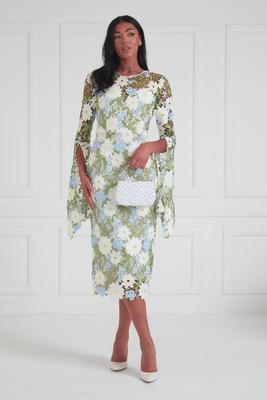 Floral Embroidery Drape Sleeve Women Midi Dress