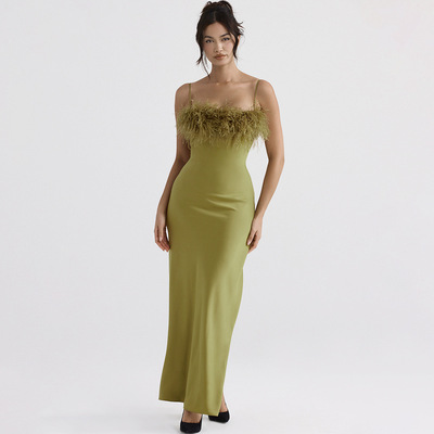 Women's satin feather halter green ankle-length dress