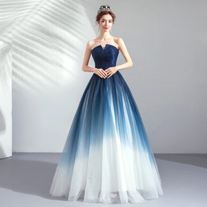 Gradient Blue Tulle Wedding Gowns Strapless Lady Dress