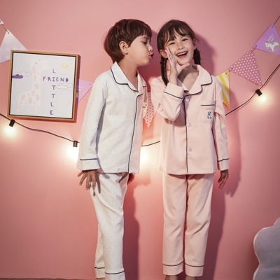 Fashion Kids Sleepwear Set Boys Girls Cardigan Nightgown Cotton Solid Color Button Long Sleeve Pajam