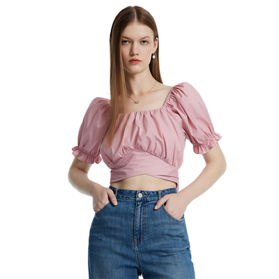 Pink Bowknot Pleated Princess Sleeve Women Blouse