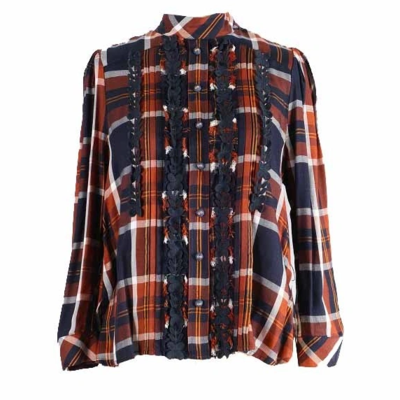 Viscose Yarn Dyed Check Causal Comfortable Lace Front Blouse for Woman