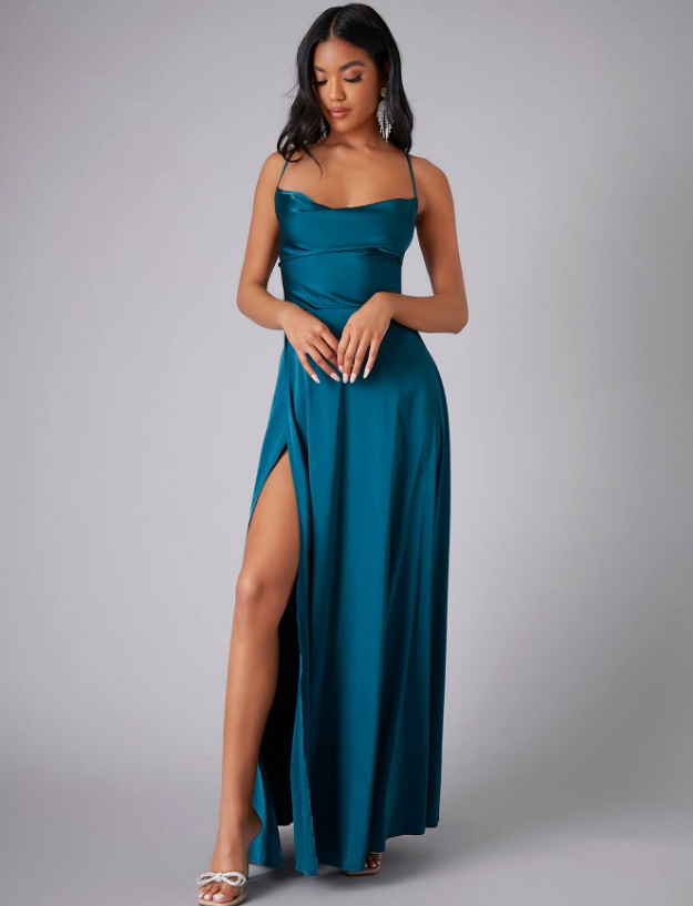 Fashionable Halter Lace-up backless split solid color dress