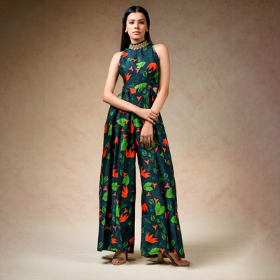 Blue Silk Printed Lily Band Collar Jumpsuit For Women