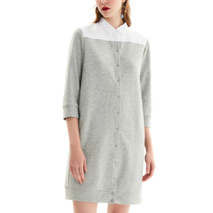 Woman Autumn Knit Patchwork Shirt Dress with Seven-Point Sleeves