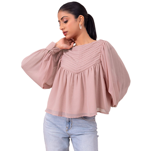 Dusty Pink Boat Neck Full Sleeve Flared Blouse