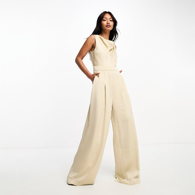 cowl neck wide leg jumpsuit in beige